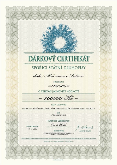 Státní spořicí dluhopisy - ukázka dárkového certifikátu